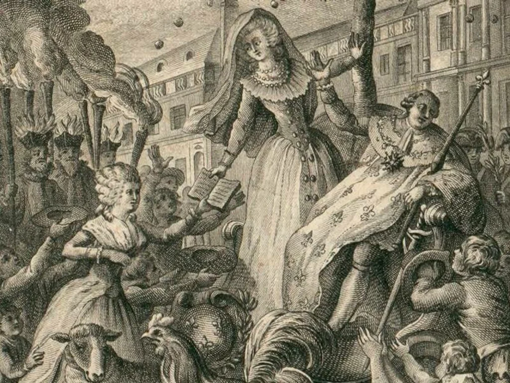 Olympe de Gouges remettant sa « Déclaration des droits de la femme et de la citoyenne » à Marie-Antoinette (source : Estampe éditée en 1790 - source anonyme)