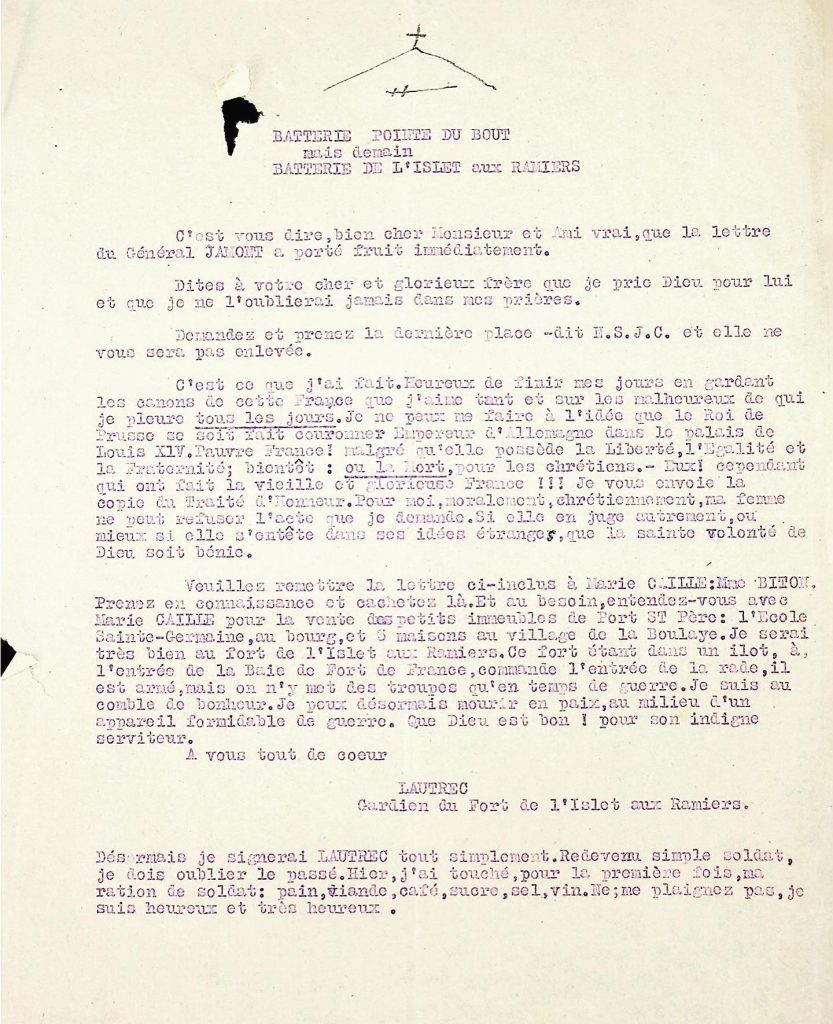 Dernière lettre connue de Michel Adolphe Pelet de Lautrec (Source : (c) Collection Terres de Briord)