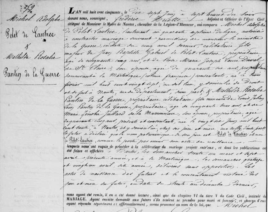 Acte de mariage de Michel Adolphe Pelet de Lautrec et de Mathilde Pantin de la Guère le 17 juin 1850 à Nantes (Source : Archives municipales de Nantes année 1850)