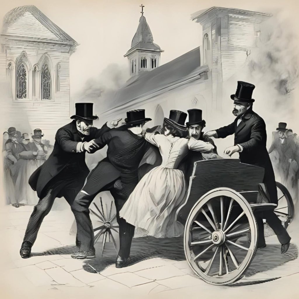 Scène de l'enlèvement de Théotiste devant l'église de Port St Père (Source : Image créée par IA)